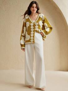 Anewsta Áo khoác len cardigan dệt kim hở cổ, tay dài, một hàng khuy, họa tiết hoa dành cho nữ - Màu vàng - Xem 4