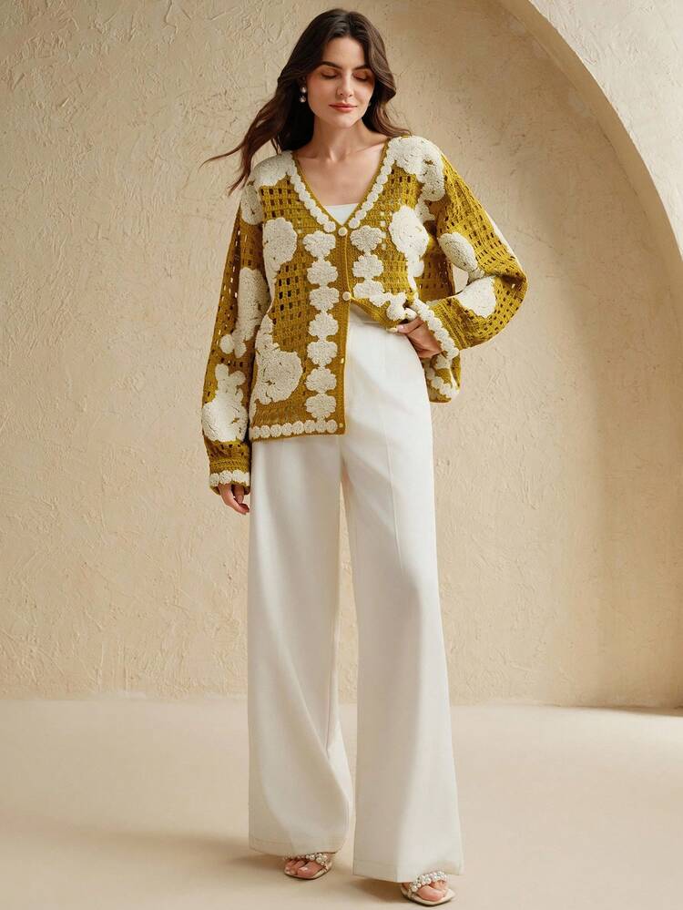 Anewsta Áo khoác len cardigan dệt kim hở cổ, tay dài, một hàng khuy, họa tiết hoa dành cho nữ - Màu vàng - Xem 4