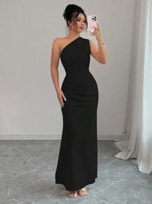 Elenzga 无袖斜肩收腰优雅浪漫数码印花女式连衣裙 - 黑色 - 查看 6