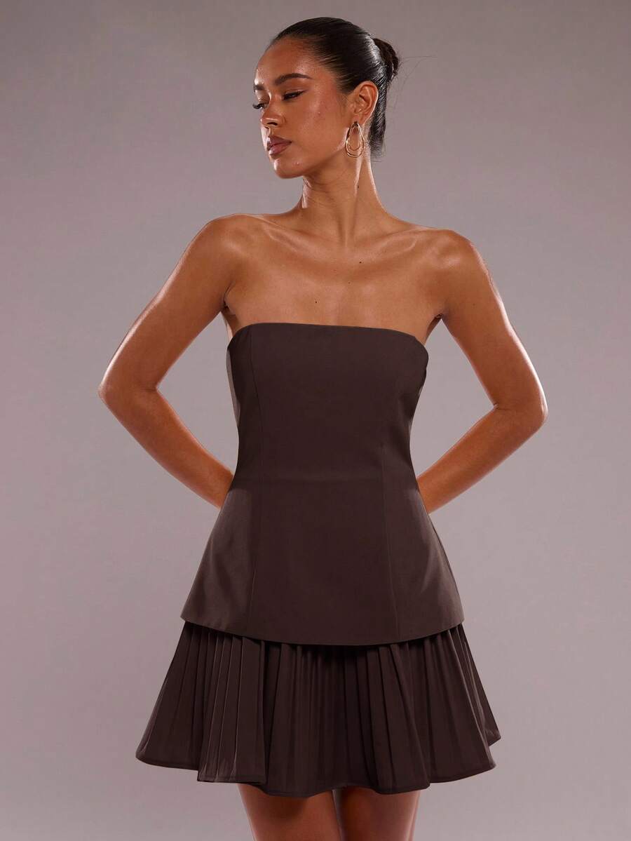 SHEIN BAE Váy mini xếp ly trơn màu thanh lịch dành cho nữ, mùa hè - Cà phê nâu - Xem 1