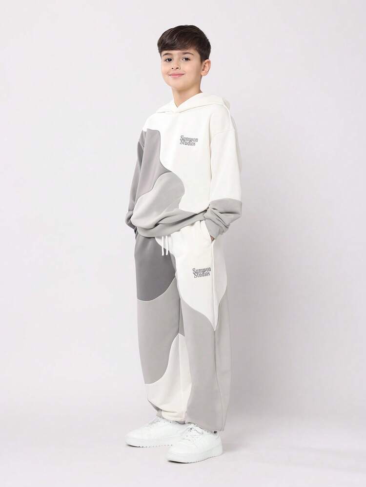 Color Block Hoodie And Sweatpants Set With Drawstring