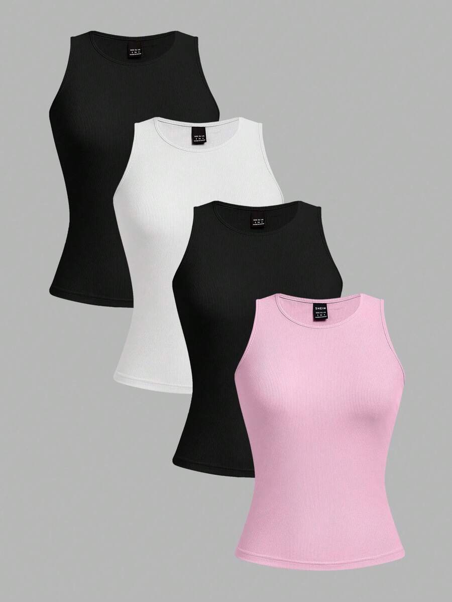 SHEIN EZwear 4件套女士性感紧身露脐吊带背心,适合夏季穿着 - 彩色 - 查看 1
