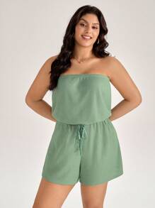 SHEIN LUNE Plus Size Sage Green Summer Casual Beach Holiday Strapless Romper, Solid Sleeveless Cinched Waist Jumpsuit,Tube Top Lounge Romper For Women - Mint Green - View 7