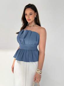 Auralis Damen Große Größen Trägerloses Shirt, Herbstmode für Damen, Blaue Oberteil Tops Y2K Süße Tops für Damen Off-Shoulder Top