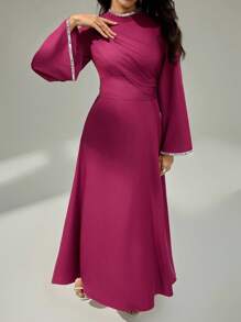 Modelyn 女士优雅亮片装饰喇叭袖连衣裙，时尚、休闲、优雅的女士秋季连衣裙，适合派对、生日和晚会，万圣节服装，以及适合妈妈的连衣裙。时尚、优雅的女士亮片印花植绒弹力面料连衣裙，采用拼接弹力面料。 - 酒紅色 - 查看 3