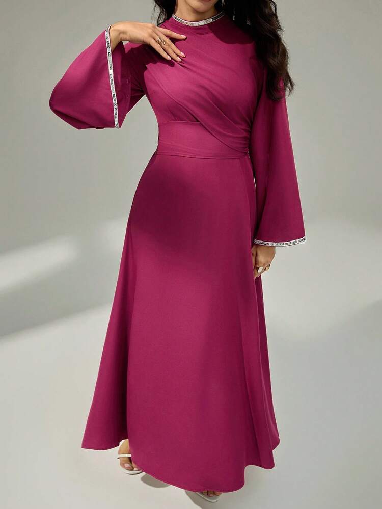 Modelyn 女士优雅亮片装饰喇叭袖连衣裙，时尚、休闲、优雅的女士秋季连衣裙，适合派对、生日和晚会，万圣节服装，以及适合妈妈的连衣裙。时尚、优雅的女士亮片印花植绒弹力面料连衣裙，采用拼接弹力面料。 - 酒紅色 - 查看 3
