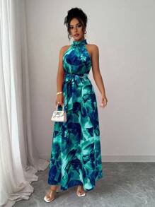 Elenzga Elegant Commuting & Island Vacation Floral Print Dress