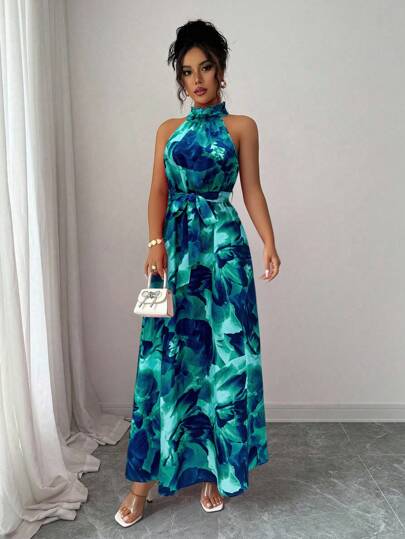 Elenzga Elegant Commuting & Island Vacation Floral Print Dress