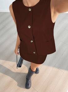 SHEIN EZwear 女士咖啡棕色单排扣背心和裙子休闲两件套 - 咖啡棕 - 查看 6