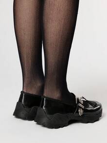 ROMWE Goth حذاء بالية نسائي بكعب سميك وأصابع مستديرة، مصنوع من مادة البولي يوريثان مع تصميم إبزيم معدني، مناسب للرياضة والتخرج والتصوير الفوتوغرافي - الأسود - مشاهدة 5