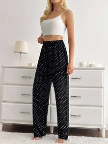 SHEIN Women Cotton Contrast Colour Heart Pattern Homewear Sleep Bottoms Heart Print Pajama Pants Womens Pajama Pants Black Pajama Pants Sleep Pants Lounge Pants