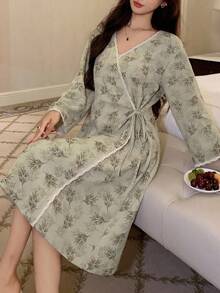 DAZY Chinese Style Floral Print Loose Wrap Around Women Robe, Fall Pajama, Winter - Green - View 4