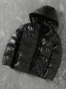 PAVTROS Manfinity Streetrush Men's Fashionable Versatile Solid Color Hooded Jacket, Winter Puffy Jacket Men Men Outerwear Bubble Coat Men Men Puffer Jacket Faux Leather Puffer Jacket Men Hooded Puffer Jacket , Fall