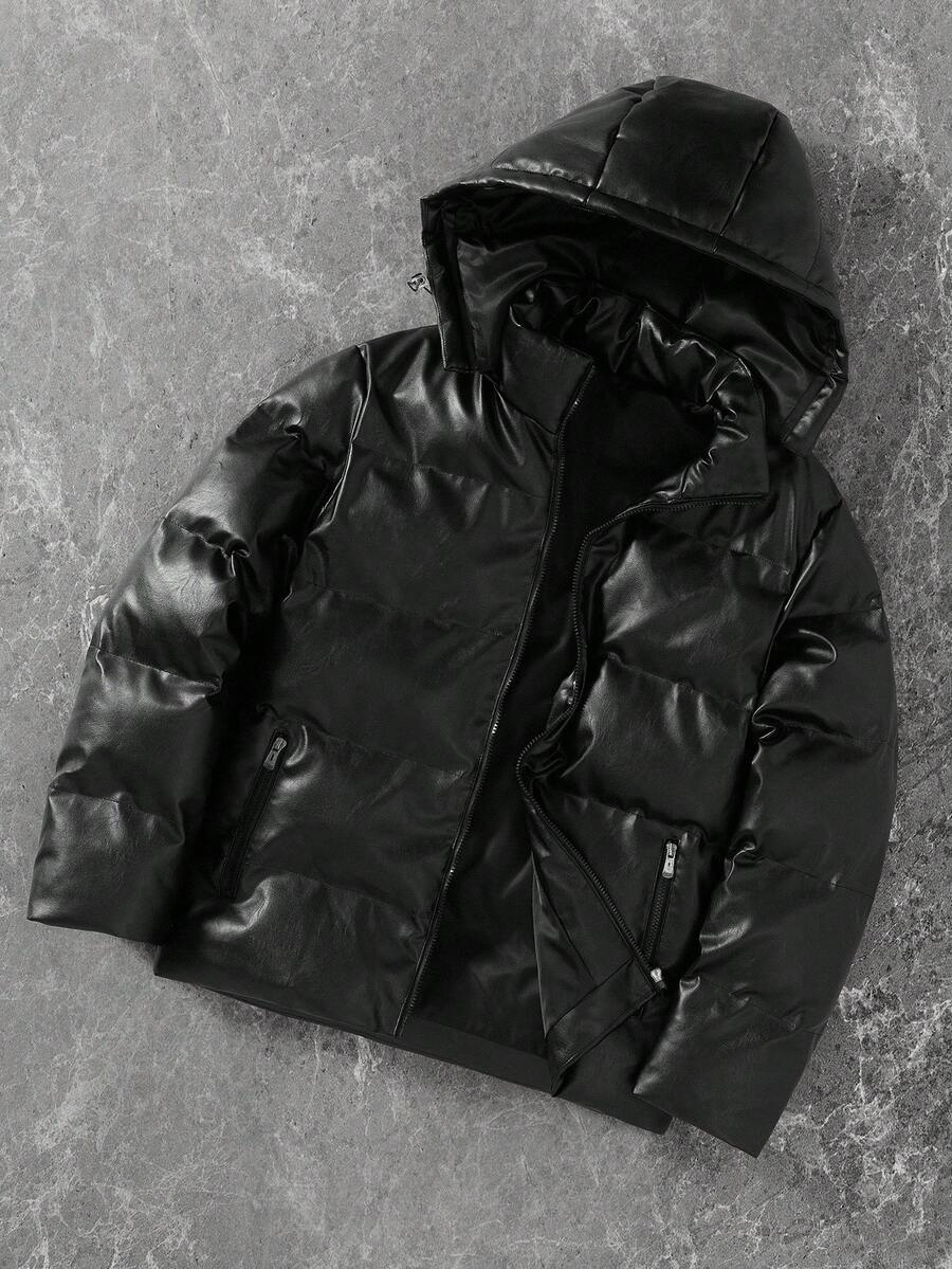 PAVTROS Manfinity Streetrush Men's Fashionable Versatile Solid Color Hooded Jacket, Winter Puffy Jacket Men Men Outerwear Bubble Coat Men Men Puffer Jacket Faux Leather Puffer Jacket Men Hooded Puffer Jacket , Fall