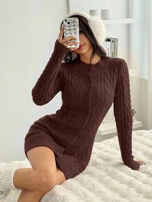 EURMUSE Weihnachts-Pelzkragen Zopfstrick Bodycon Pulloverkleid - Braun - Übersicht 6