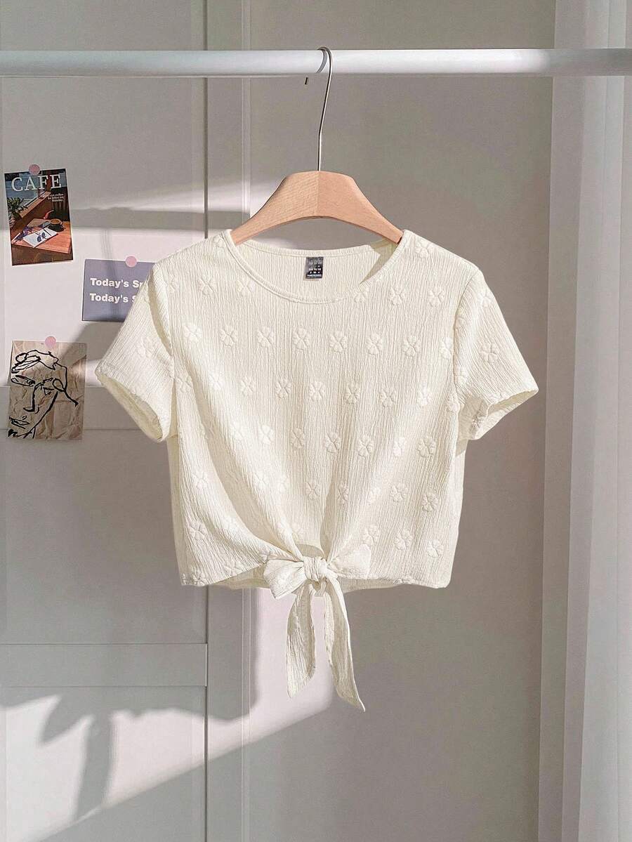 SHEIN LUNE 女款紋理素色前綁帶圓領短袖短版上衣 夏季鏤空可愛休閒度假風奶油白T恤 - 杏色 - 查看 1