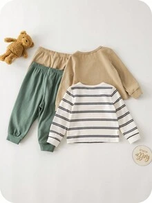 SHEIN 4件套婴儿/男女通用修身睡衣套装 - 长袖上衣和裤子，柔软针织条纹和纯色款，舒适百搭，适合室内/休闲穿着，春、夏、秋、冬四季皆宜。男婴服装，中性婴儿服装，男婴秋季服装