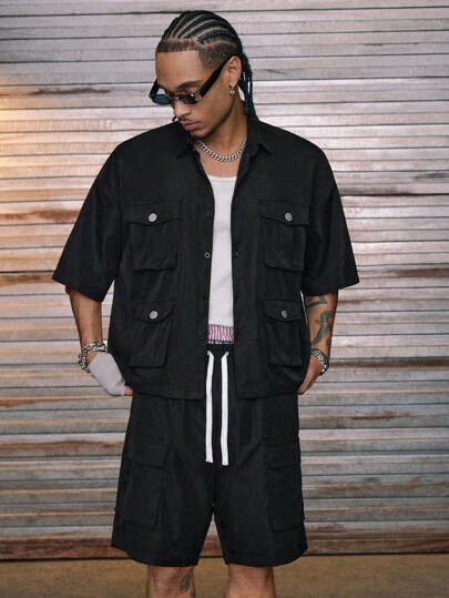 AXEPEAK 2pcs Men's Woven Casual Loose Short Sleeve Shirt & Elastic Waist Straight Leg Shorts Set