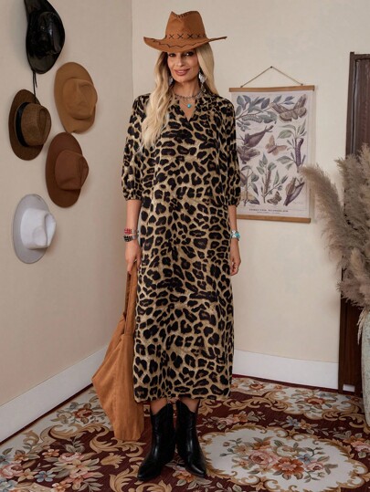 LanaWest 女士夏季缺口 V 领豹纹灯笼袖长款宽松休闲连衣裙长款女装