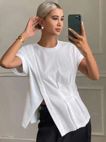 DAZY 女士纯色宽松圆领短袖不对称下摆休闲T恤，秋季上衣 - 白色 - 查看 8