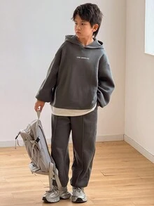 SHEIN 青少年男孩休闲韩版宽松字母印花长袖连帽衫和松紧腰裤套装，适合秋季/春季、户外玩耍、学校、街头风格、派对和休闲