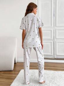 SHEIN Cottnline Women Button Front With Cute Bee&Animal Printed Homwear PJ Set - White - View 2