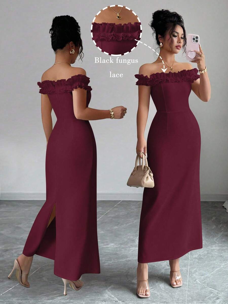 Elenzga Elegant Ruffle Off Shoulder Waist Cinched Romantic Dress For Women - Burgundy - View 1