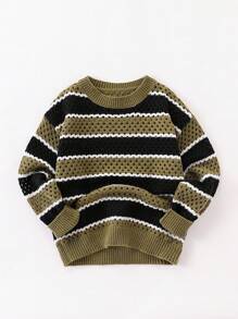 SHEIN Explorewe Suéter de cuello redondo con rayas gruesas para niños preadolescentes, verde militar, negro y blanco, adecuado para uso al aire libre, casual y en el hogar - Verde militar - Ver 3