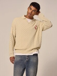 Musero Checkered Knit Polo Long Sleeve Graphic Artwork Embroidery Drop Shoulder Top Spring Summer Holiday Vacation - Apricot - View 1