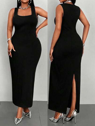 Maweii Plus Size Casual Square Neck Slim Waist Vest Dress