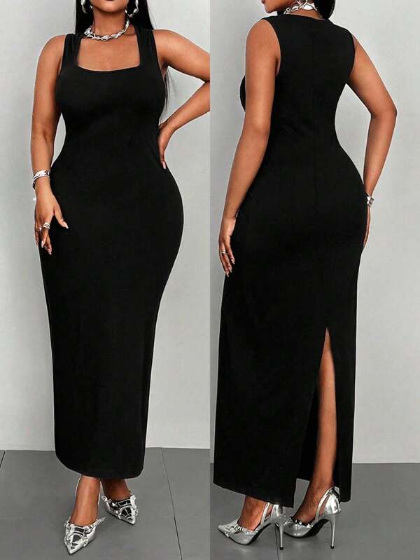 Maweii Plus Size Casual Square Neck Slim Waist Vest Dress