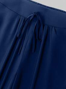 SHEIN LUNE CURVE Plus Size Women Holiday Loose Solid Color Tie Wrap Shirt And Pants 2 Pieces Set - Blue - View 4