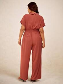 Elaquor Mono casual para mujer de talla grande con solapa, manga murciélago, cintura torcida y pierna ancha en unicolor - Color caoba - Ver 1