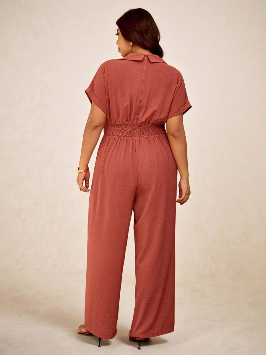Elaquor Mono casual para mujer de talla grande con solapa, manga murciélago, cintura torcida y pierna ancha en unicolor - Color caoba - Ver 1