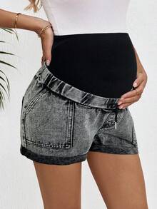 SHEIN Maternity Grey Knit Underbelly & Blue Denim Cuffed Shorts - Light Grey - View 5