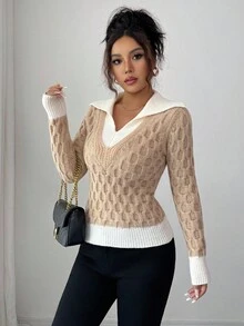 Selianne Áo len chui đầu họa tiết cổ chữ V chắp vá 2 trong 1 thời trang thu đông mới dành cho nữ, thiết kế thanh lịch, phù hợp để đi làm hàng ngày - Màu be - Xem 6