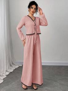 Firerie 女士米色法式灯笼袖荷叶边蝴蝶结衬衫和松紧腰裤套装，长袖长裤套装，休闲度假装 - 藕粉色 - 查看 8