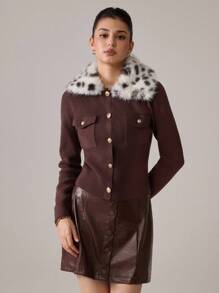 SHEIN MOD 卡其棕色拼布豹纹毛领优雅秋冬开衫 - 棕色 - 查看 6