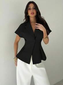 Firerie 女士休闲/办公亚麻束腰短袖西装外套，杏色，秋冬夏季 - 黑色 - 查看 7