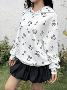 SHEIN Áo sweatshirt dáng rộng in hình quả anh đào dễ thương, phong cách thường ngày dành cho nữ tuổi teen, thích hợp cho mùa Thu/Đông. - trắng - Xem 2