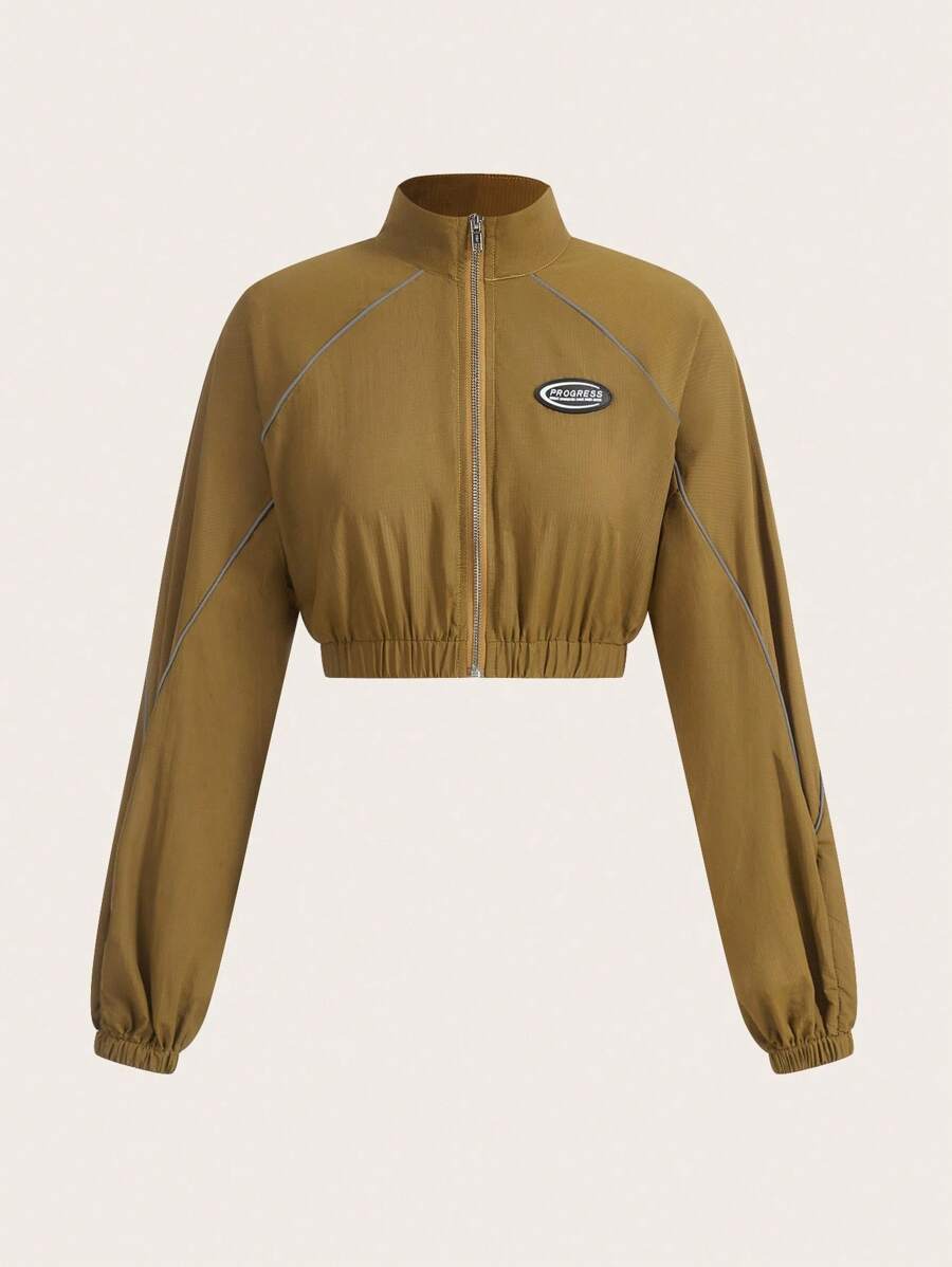 SHEIN ICON 字母拼贴细节撞色滚边短款黑色夹克 - 棕色 - 查看 1