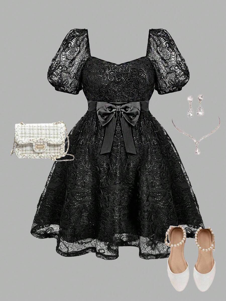 SHEIN MOD فستان قصير مطرز بأكمام منتفخة مقاس كبير، أسود، صيفي، تصميم مزين بفيونكة ساتان، أنيق، رسمي، للسهرة، الحفلات والمناسبات والولائم بطراز النهضة - الأسود - مشاهدة 1