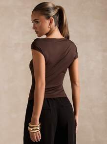 SHEIN BAE Women's Solid Color Metal Decor Asymmetric Collar Fitted Fashion T-Shirt