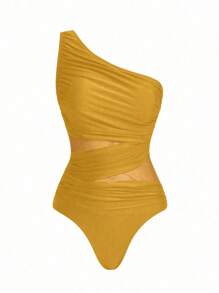 Traje de baño de una pieza con panel de malla fruncida de unicolor y falda pareo - Amarillo - Ver 7