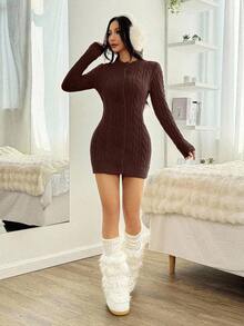 EURMUSE Weihnachts-Pelzkragen Zopfstrick Bodycon Pulloverkleid - Braun - Übersicht 3