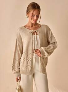 CLARA VERO Áo khoác cardigan tay phồng tua rua cỡ lớn cho nữ - Màu be - Xem 1