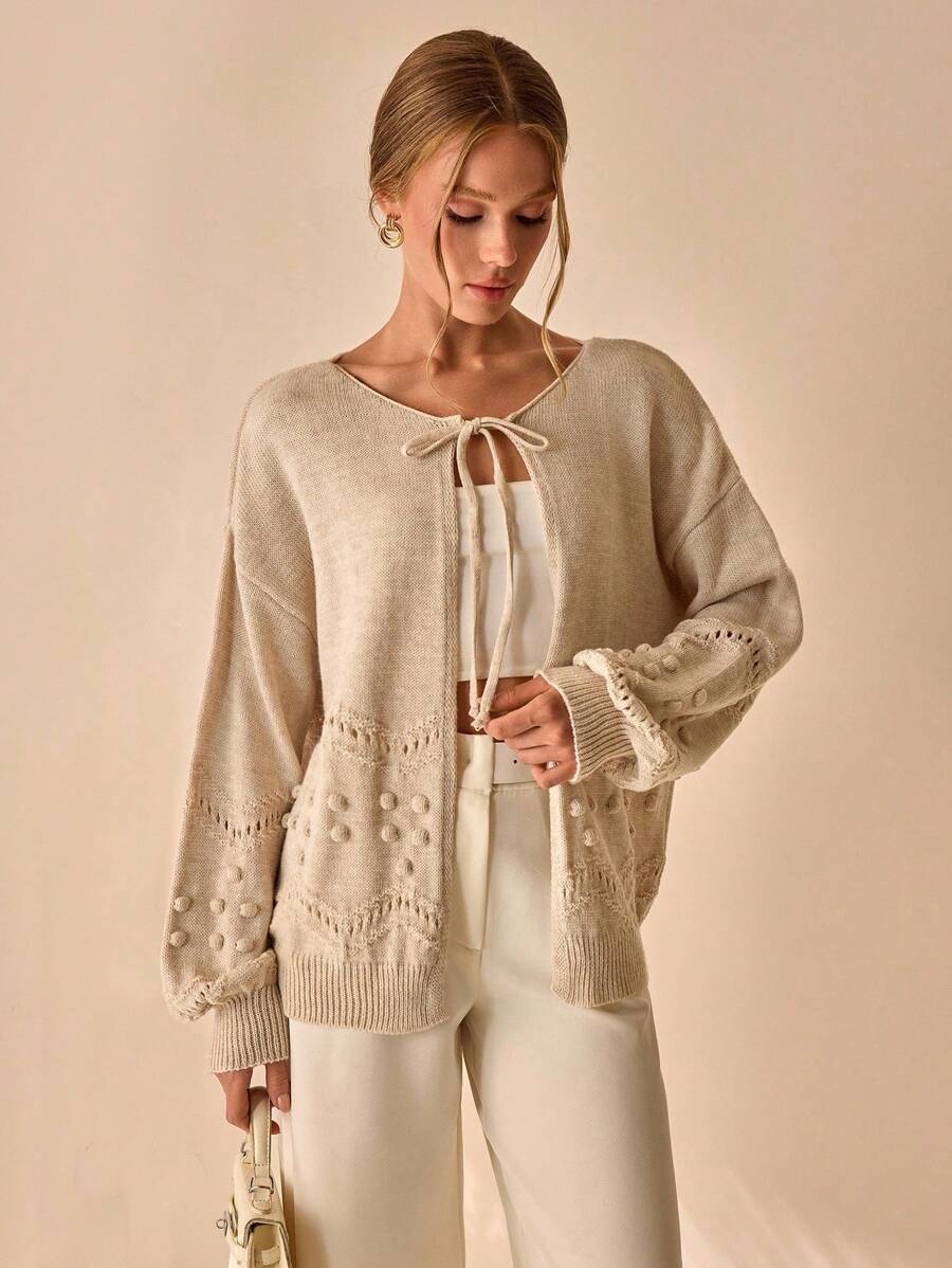 CLARA VERO Áo khoác cardigan tay phồng tua rua cỡ lớn cho nữ - Màu be - Xem 1