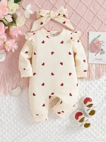 SHEIN Valentine's Day Newborn Baby Heart Print Romper, Cozy Knitted Casual Jumpsuit With Headband Included Fall Winter