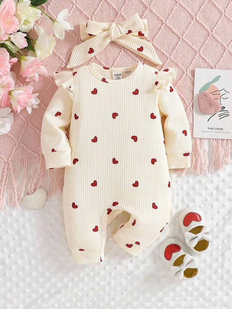 SHEIN Valentine's Day Newborn Baby Heart Print Jumpsuit, Cozy Knitted Casual Jumpsuit With Headband Included Fall Winter - Apricot - View 6