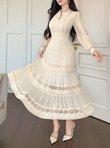 DAZY Women's Elegant Lace Round Neck Puff Sleeve Mid-Length Dress, Autumn,Fall Women Clothes Maxi Dress - Apricot - View 6